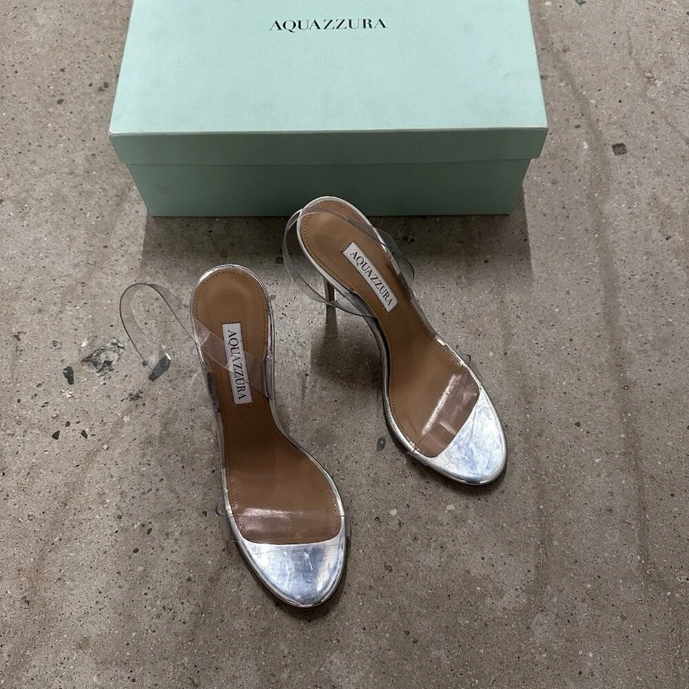 Aquazzura So Nude Plexi 105 Sandals Heels Silver - Picture 4 of 9